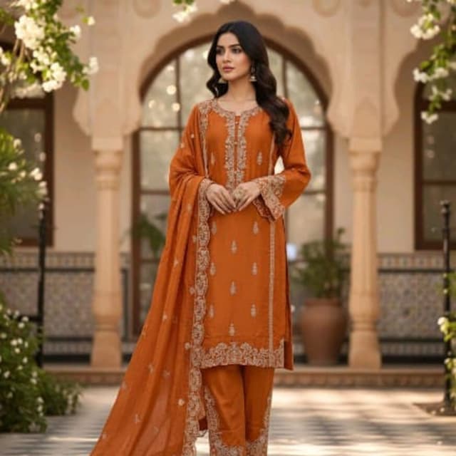 Orange with gold accents Salwar Kameez with Dupatta
