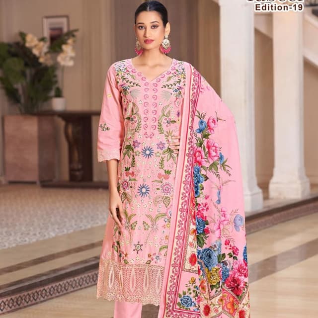 Pink, with floral accents in blue, green, and yellow Salwar Kameez Suit