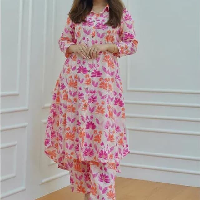 White, Pink, and Orange Kurta and Pants Set