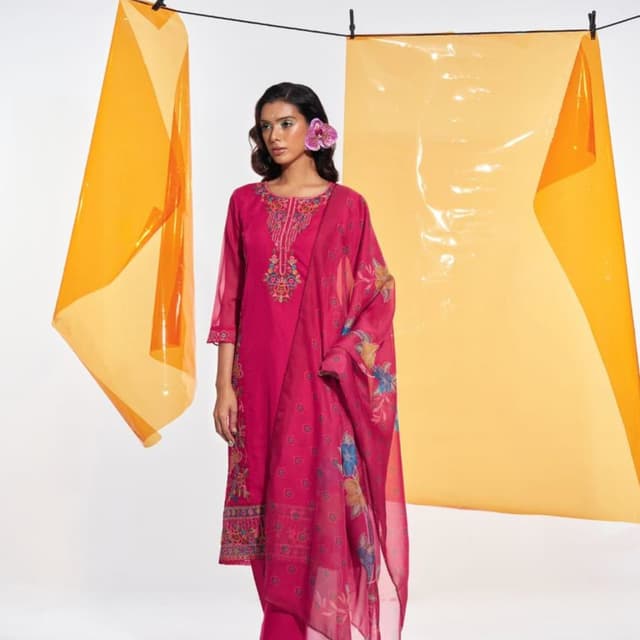 Magenta, with accents of blue, green, and gold in the embroidery and dupatta print Kurta with matching dupatta and bottom (likely pants or a salwar)