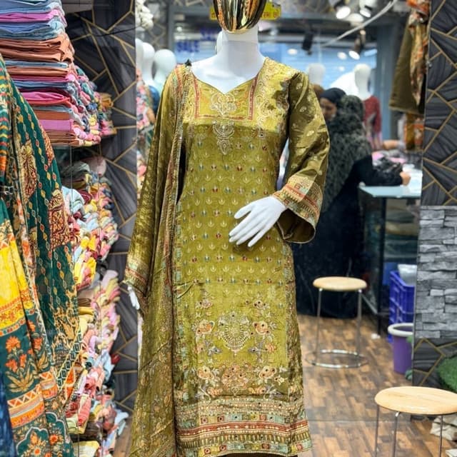 Olive Green, with accents of Rust, Beige, and Gold Salwar Kameez