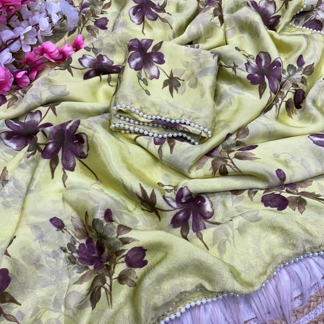 Yellow, Purple, and Beige Saree