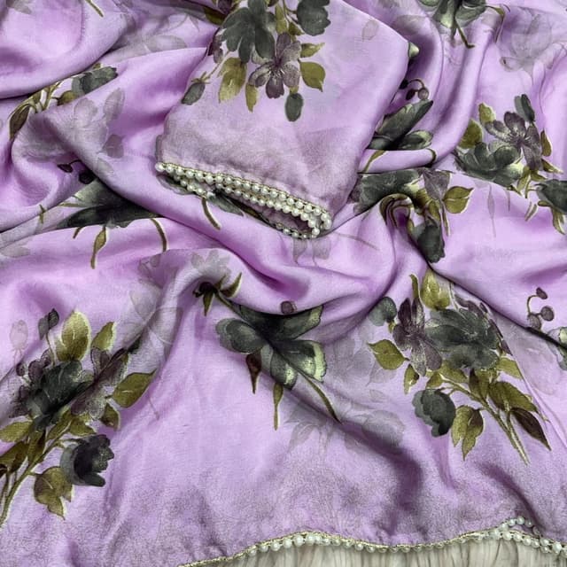 Lavender, Olive Green, Grey, Gold Saree