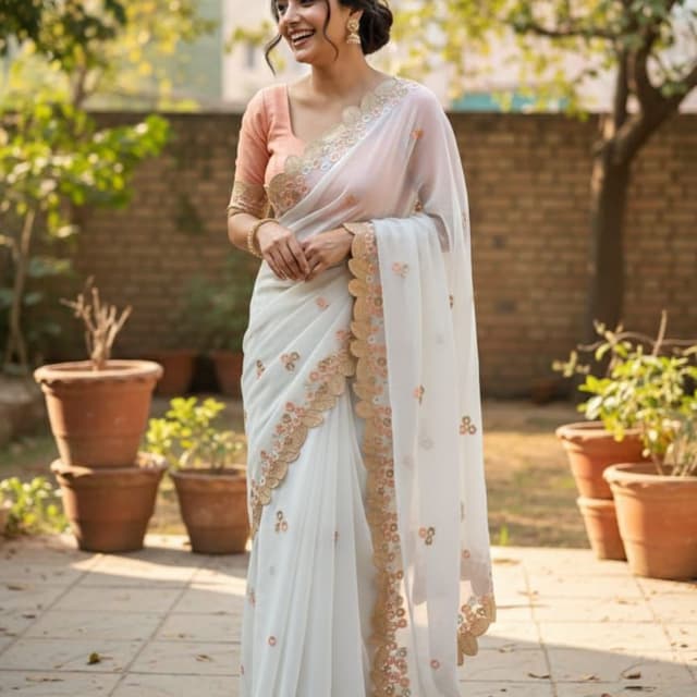 White, Peach, Gold Saree