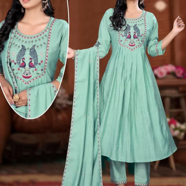 Seafoam green with accents of pink, red, and blue embroidery. Anarkali Suit