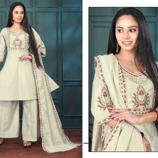 Off-white with pink and green accents Salwar Suit