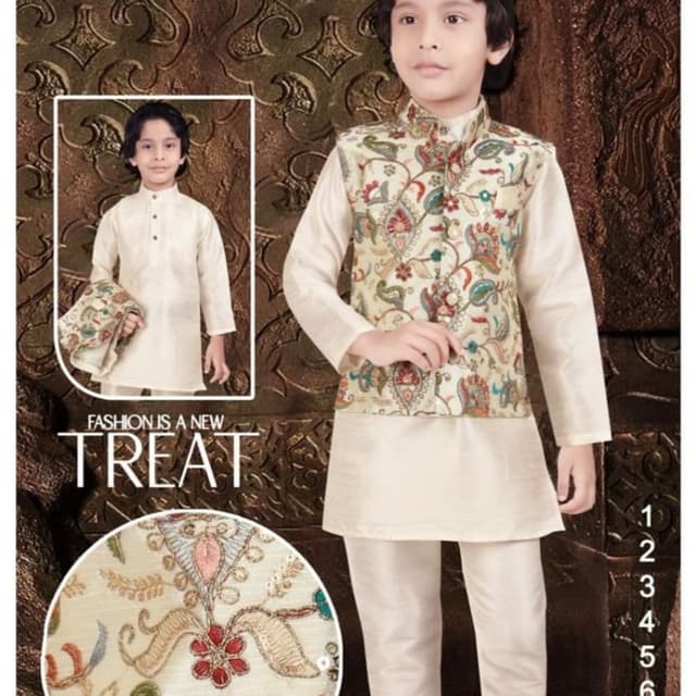 Ivory, Beige, Multicolor (Red, Green, Blue, Gold) Kurta Pyjama Set with Jacket