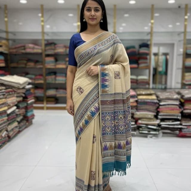 Beige, Blue, Purple, Brown Saree