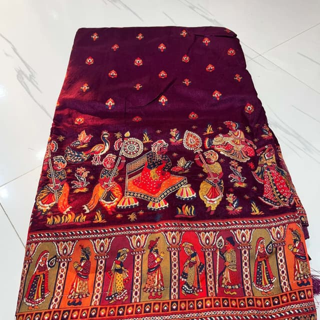 Deep Burgundy, Orange, Gold Saree