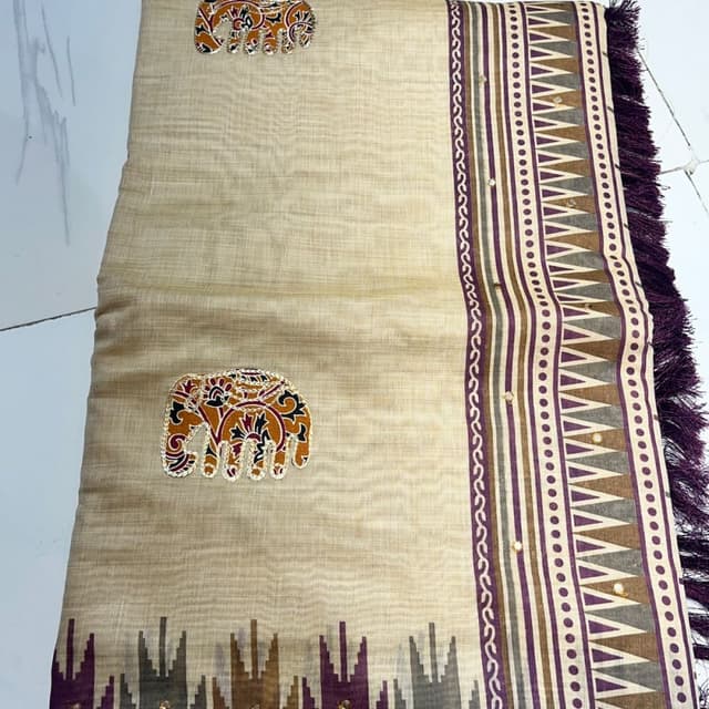 Beige, Brown, Purple, Gold, and touches of Orange Saree