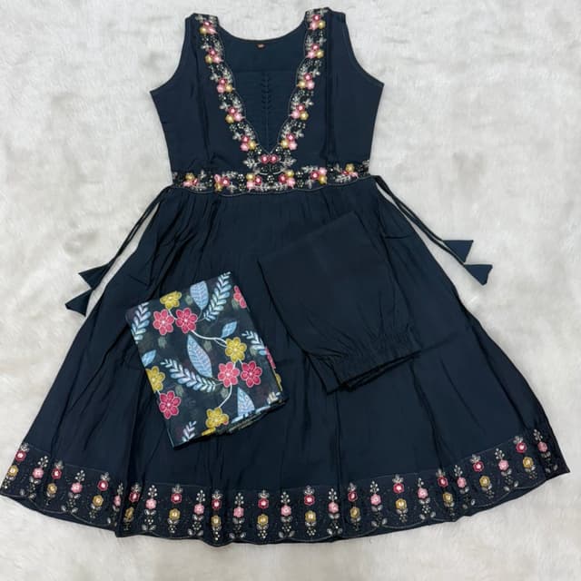 Black with multicolored embroidery and a floral printed dupatta Anarkali Suit Set