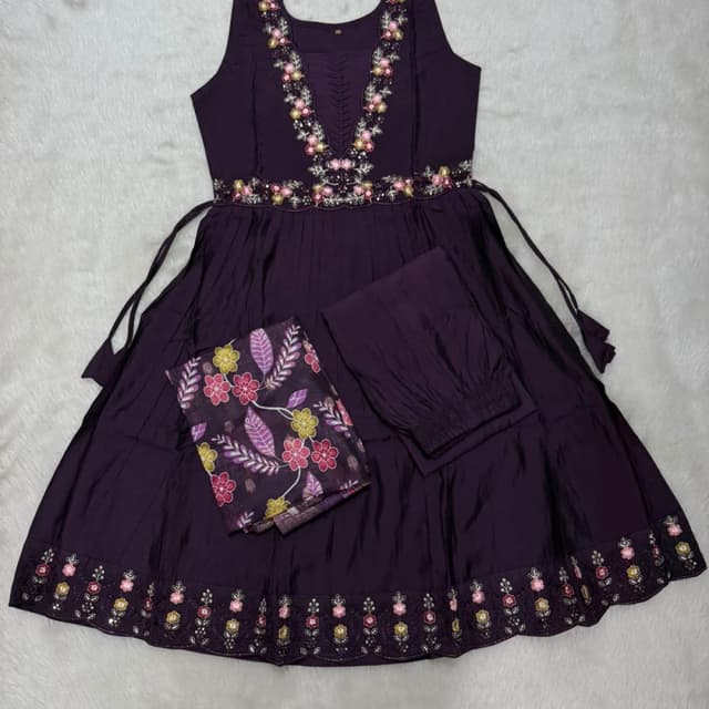 Deep Purple, with accents of Pink, Yellow, and Green Anarkali Suit