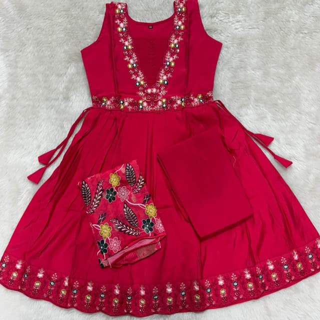 Red, Multi-colored (Green, Yellow, Pink) Anarkali Suit