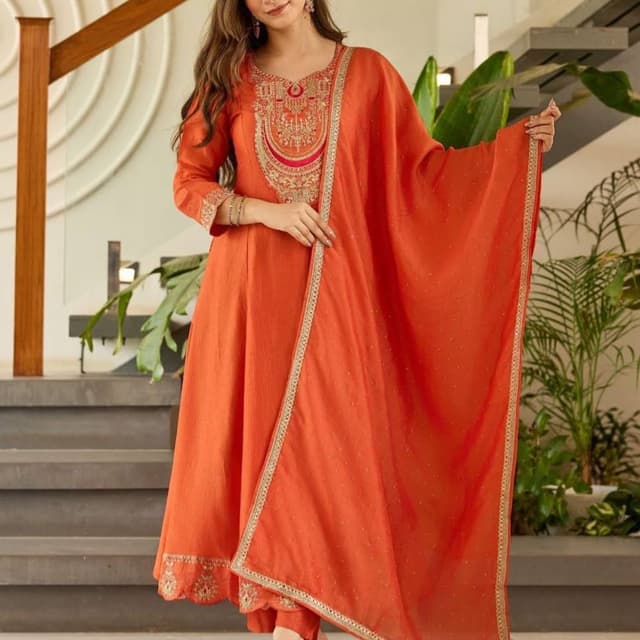 Orange, Gold, Red Anarkali Suit