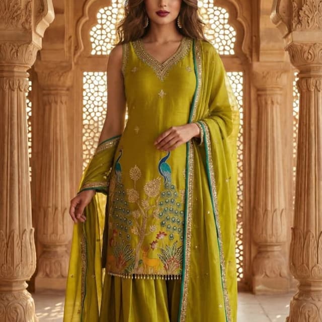 Olive Green, Teal, Gold Sharara Suit