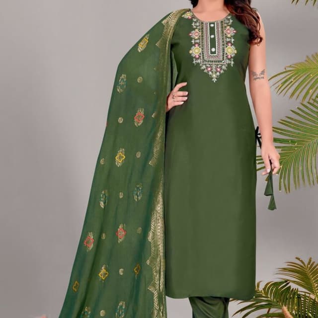 Olive Green with Multi-colored Embroidery and Gold accents Salwar Kameez