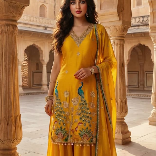 Mustard Yellow, Teal, Gold, Green Salwar Kameez