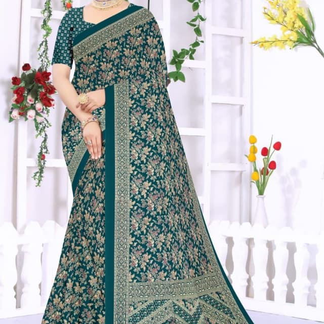 Teal, Beige, Peach, Brown Saree