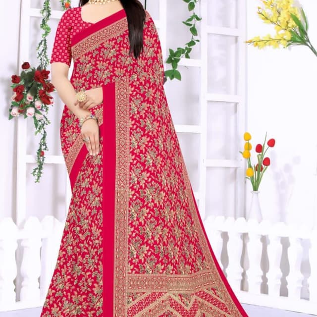 Red, Gold, Green Saree