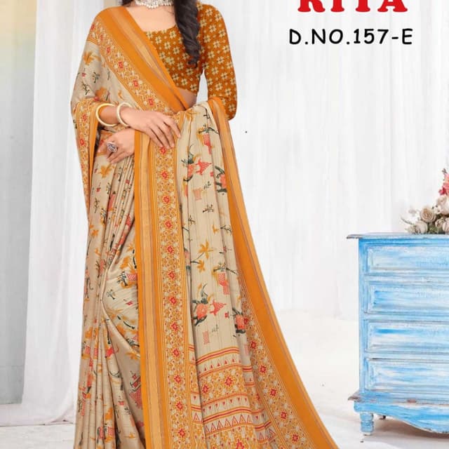 Beige, Orange, Red Saree