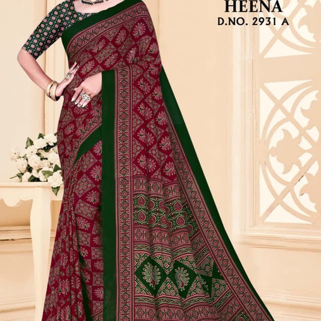 Maroon, Green, and hints of Pink Saree