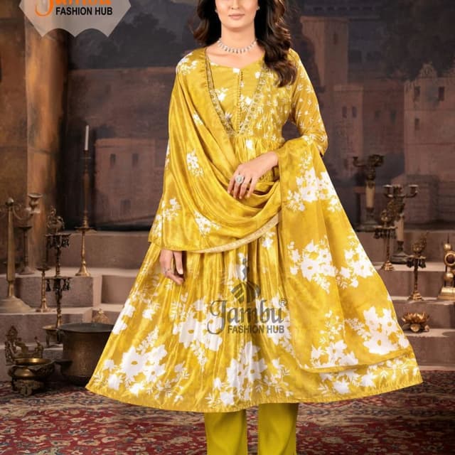 Mustard yellow and white Anarkali Suit Set