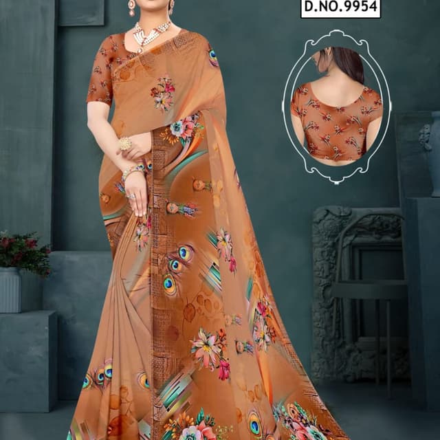 Warm tones including shades of brown, peach, and hints of green and blue Saree