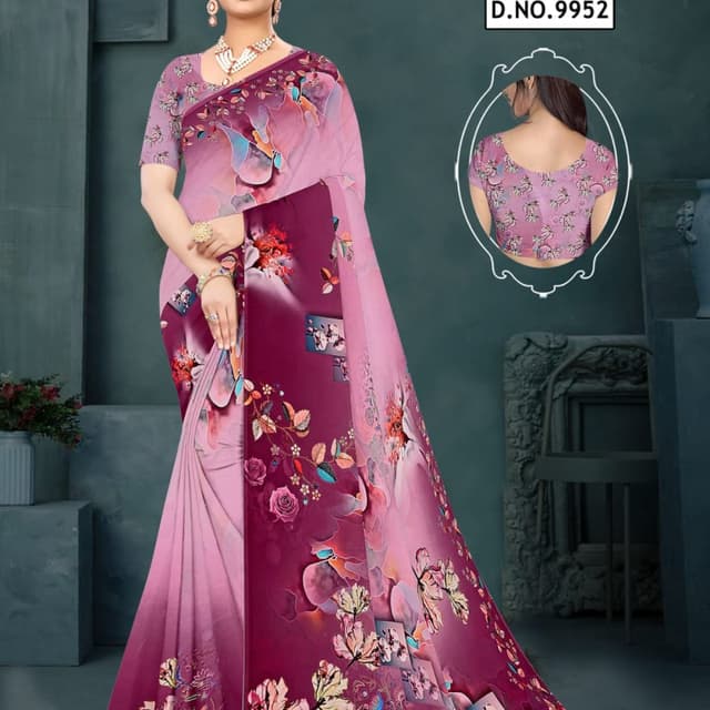 Shades of pink and maroon, with accents of blue, yellow, and green Saree