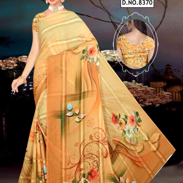 Yellow, Orange, Brown, Green, and hints of red and blue. Saree