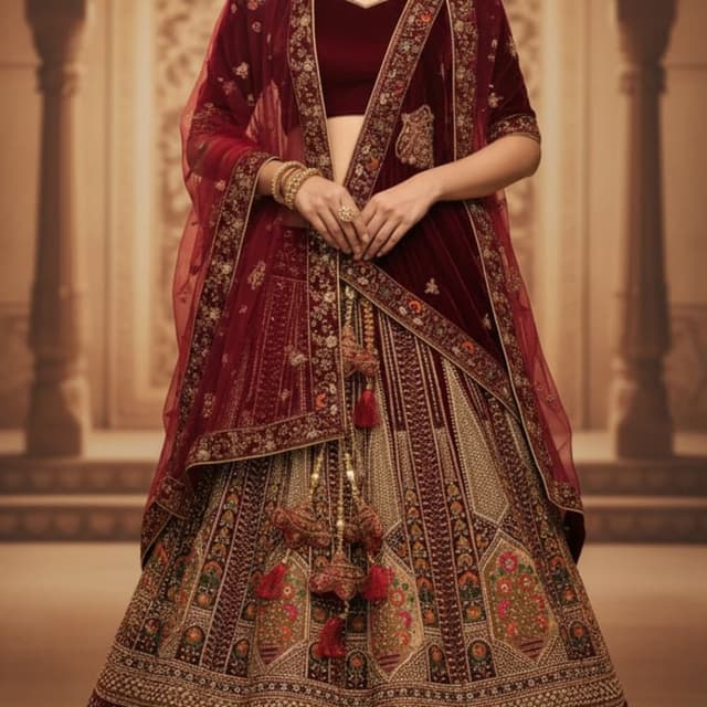 Burgundy, Gold, and various earthy tones Lehenga Choli