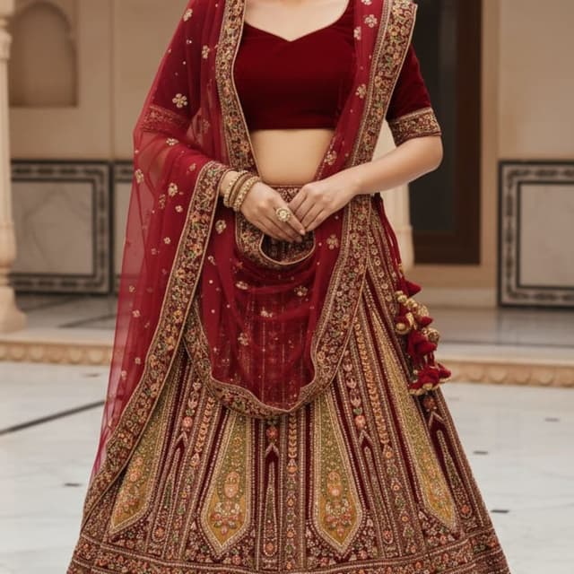 Burgundy, Gold, Green Lehenga Choli