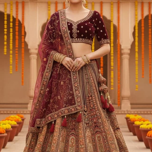 Maroon, Gold, and Beige Lehenga Choli