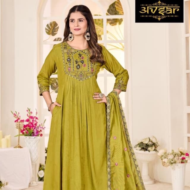 Olive Green with accents of Pink, Black, and Gold Anarkali Suit