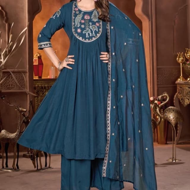 Teal with multi-colored embroidery Anarkali Suit Set