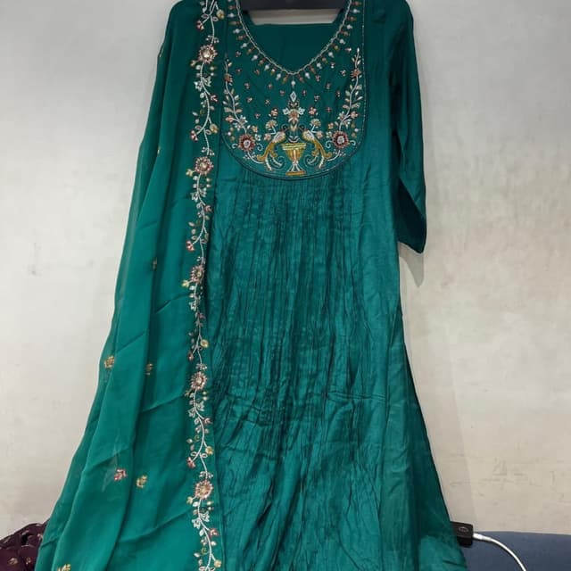 Emerald Green with Gold, Cream, and Red accents Anarkali Suit