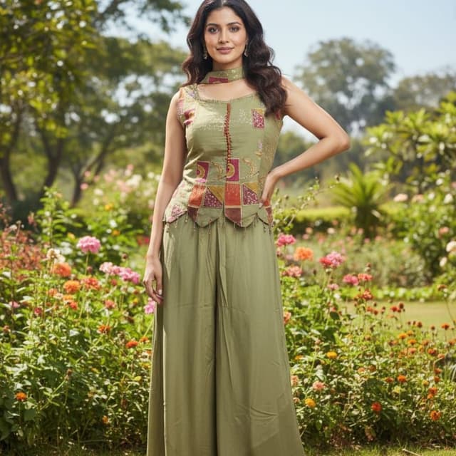 Olive green, with accents of red, orange, and gold. Palazzo Suit