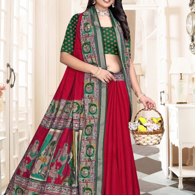 Red, Green, and Beige Saree