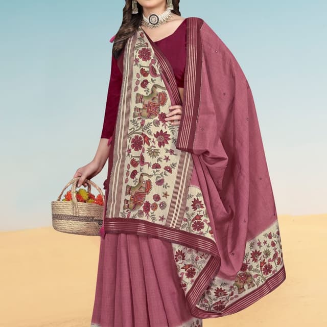 Mauve, Cream, Burgundy Saree