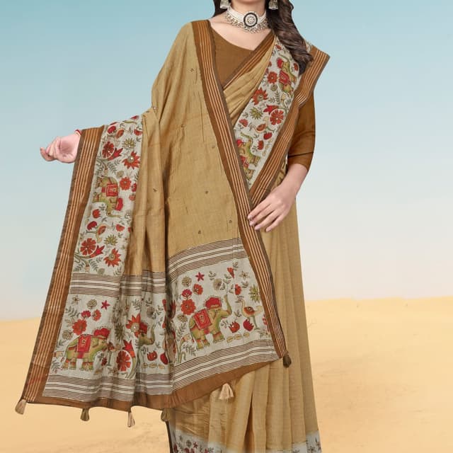 Brown, Beige, Red, Green Saree