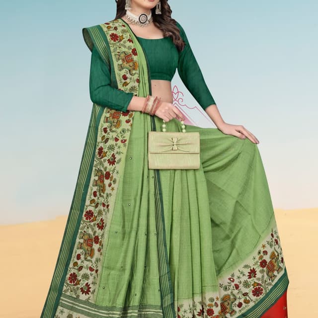 Green, Red, Beige Saree