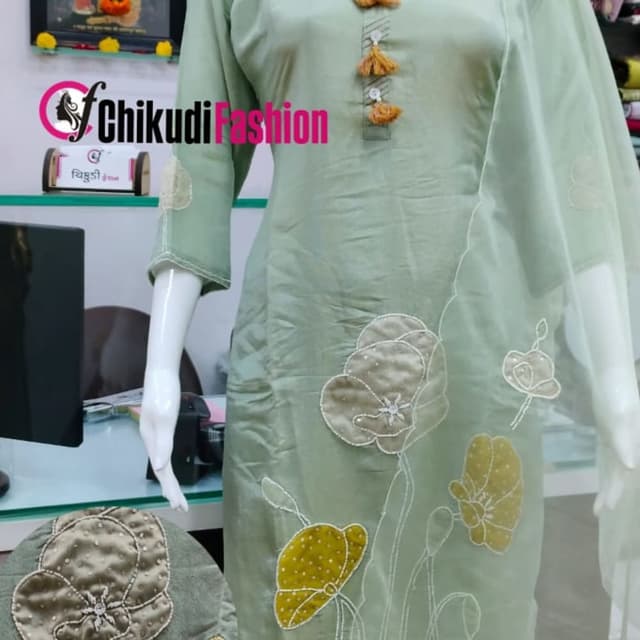 Sage green with mustard yellow and off-white accents Kurti with dupatta