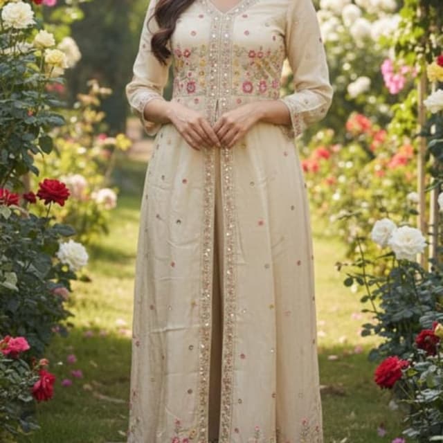 Ivory, gold, with accents of pink, green, and yellow Anarkali Suit