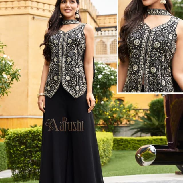 Black and Gold Jacket with Palazzo Pant Set