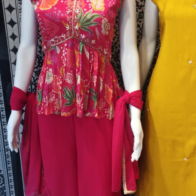 Magenta, with accents of yellow, orange, and green Sharara Suit