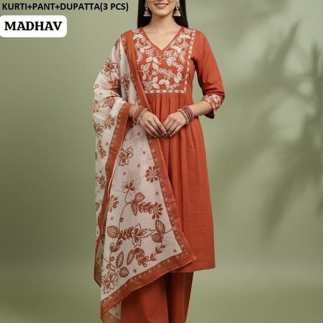 Burnt Orange, White, Brown Kurti, Pant, Dupatta (3-piece set)