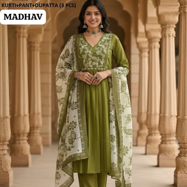Olive Green, White Kurti, Pant, Dupatta (3 pcs)