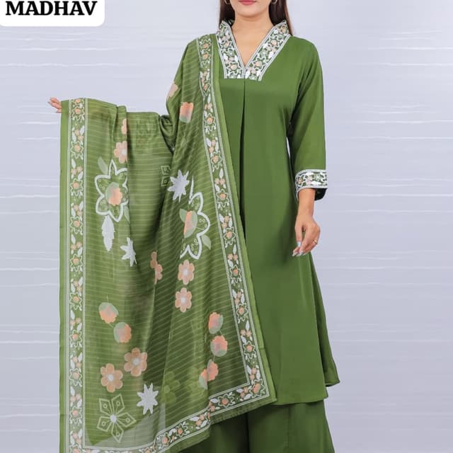 Olive Green, White, Peach Kurta Set with Dupatta