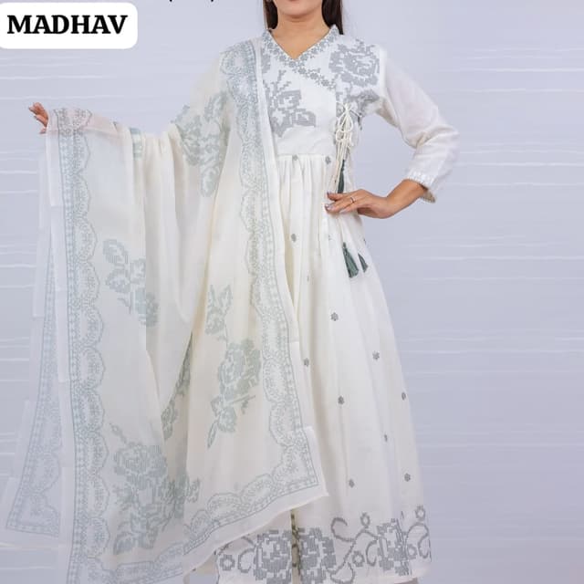 White and Grey-Green Anarkali Suit with Dupatta