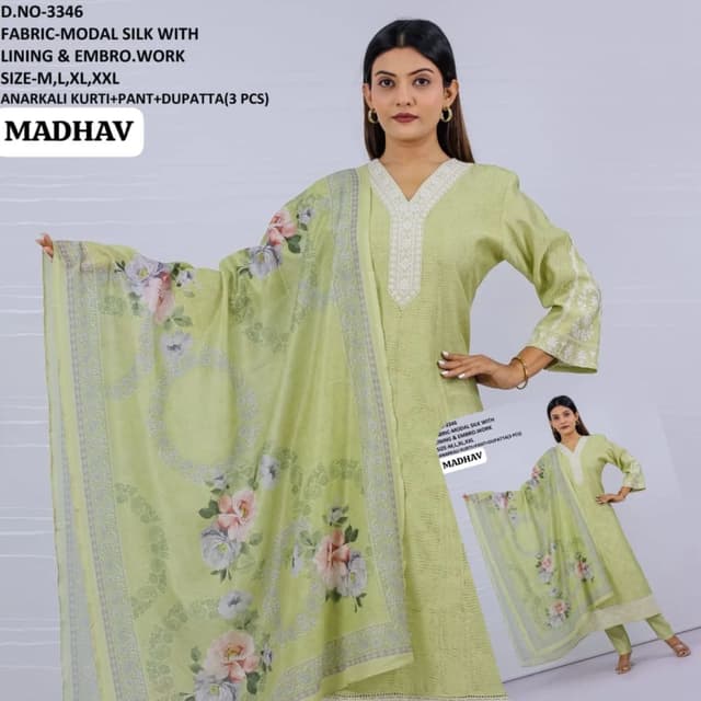 Light Green, Floral Print Anarkali Kurti, Pant and Dupatta Set