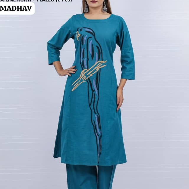 Teal, Black, Blue, Beige Kurti and Palazzo Set